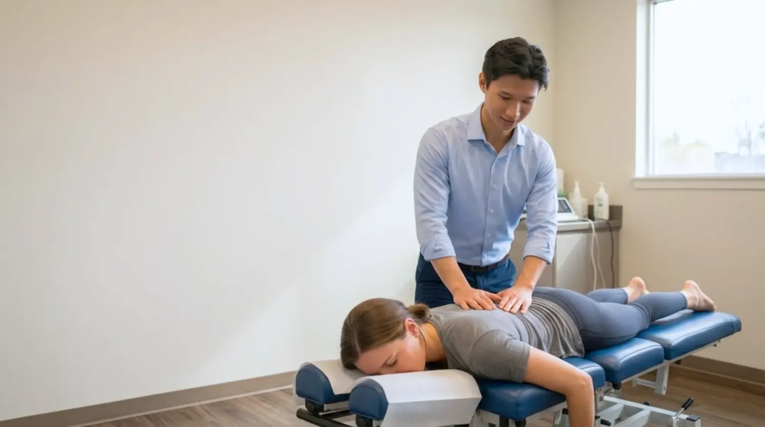 示意圖：脊醫為病人在治療床上進行治療